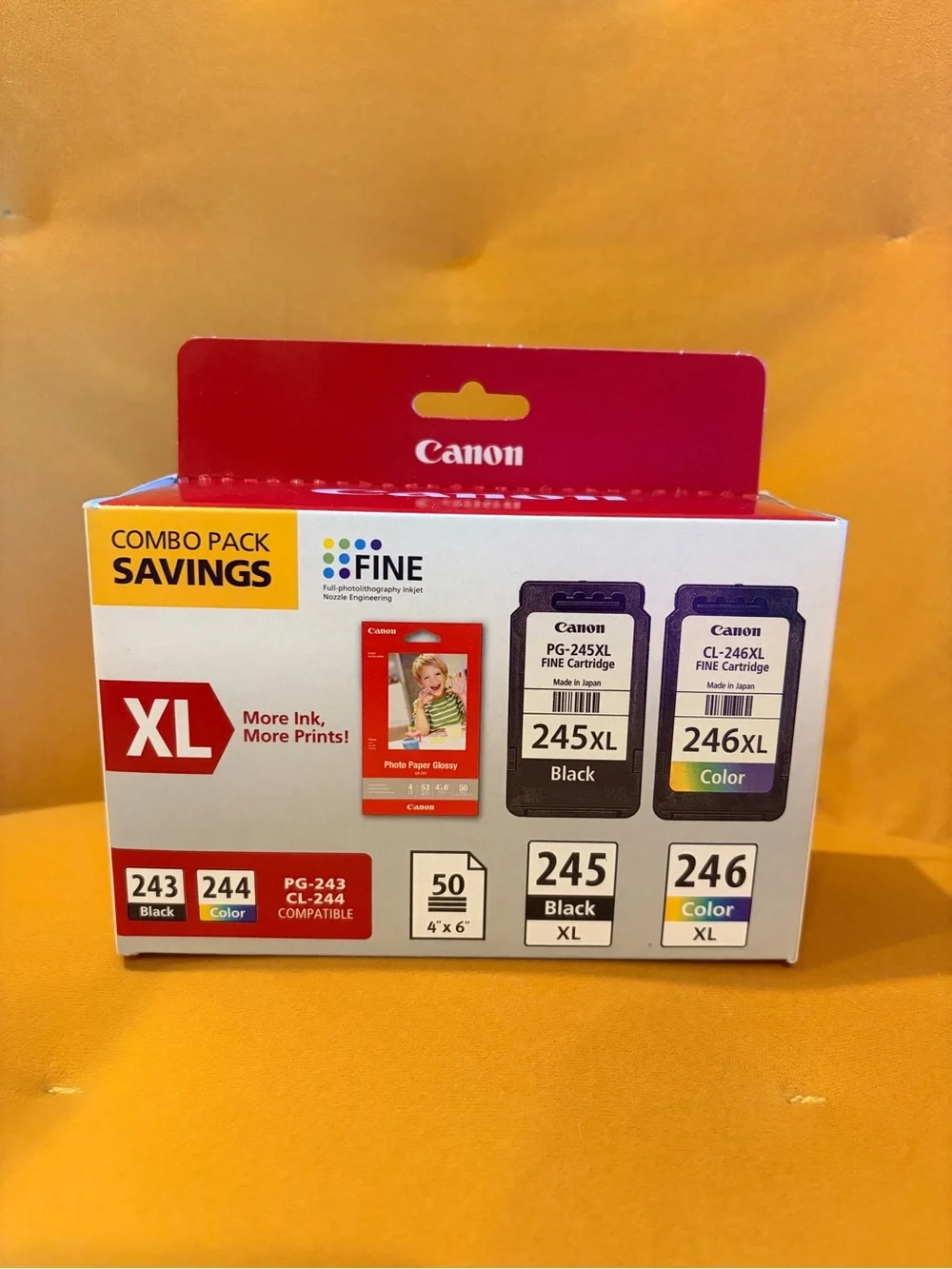 NEW Canon 245 and 246 XL Black & Color Ink Combo Pack w/ photo paper